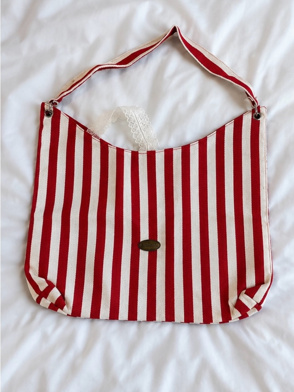 Striped Red and White Canvas Shoulder Bag